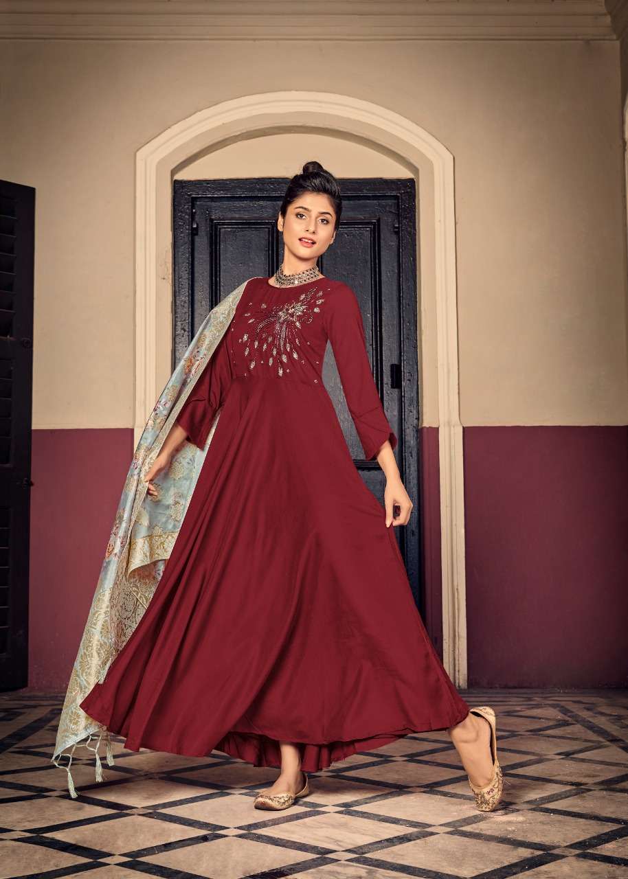 AWESOME BY ALISHKA FASHION 1001 TO 1006 SERIES BEAUTIFUL STYLISH FANCY COLORFUL CASUAL WEAR & ETHNIC WEAR PURE MUSLIN SILK GOWNS WITH DUPATTA AT WHOLESALE PRICE