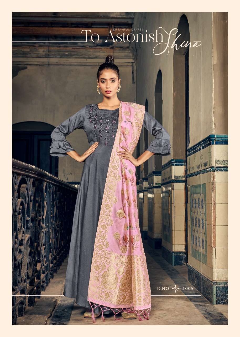 AWESOME BY ALISHKA FASHION 1001 TO 1006 SERIES BEAUTIFUL STYLISH FANCY COLORFUL CASUAL WEAR & ETHNIC WEAR PURE MUSLIN SILK GOWNS WITH DUPATTA AT WHOLESALE PRICE