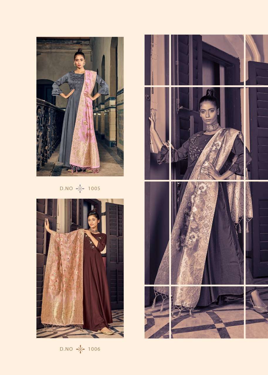 AWESOME BY ALISHKA FASHION 1001 TO 1006 SERIES BEAUTIFUL STYLISH FANCY COLORFUL CASUAL WEAR & ETHNIC WEAR PURE MUSLIN SILK GOWNS WITH DUPATTA AT WHOLESALE PRICE