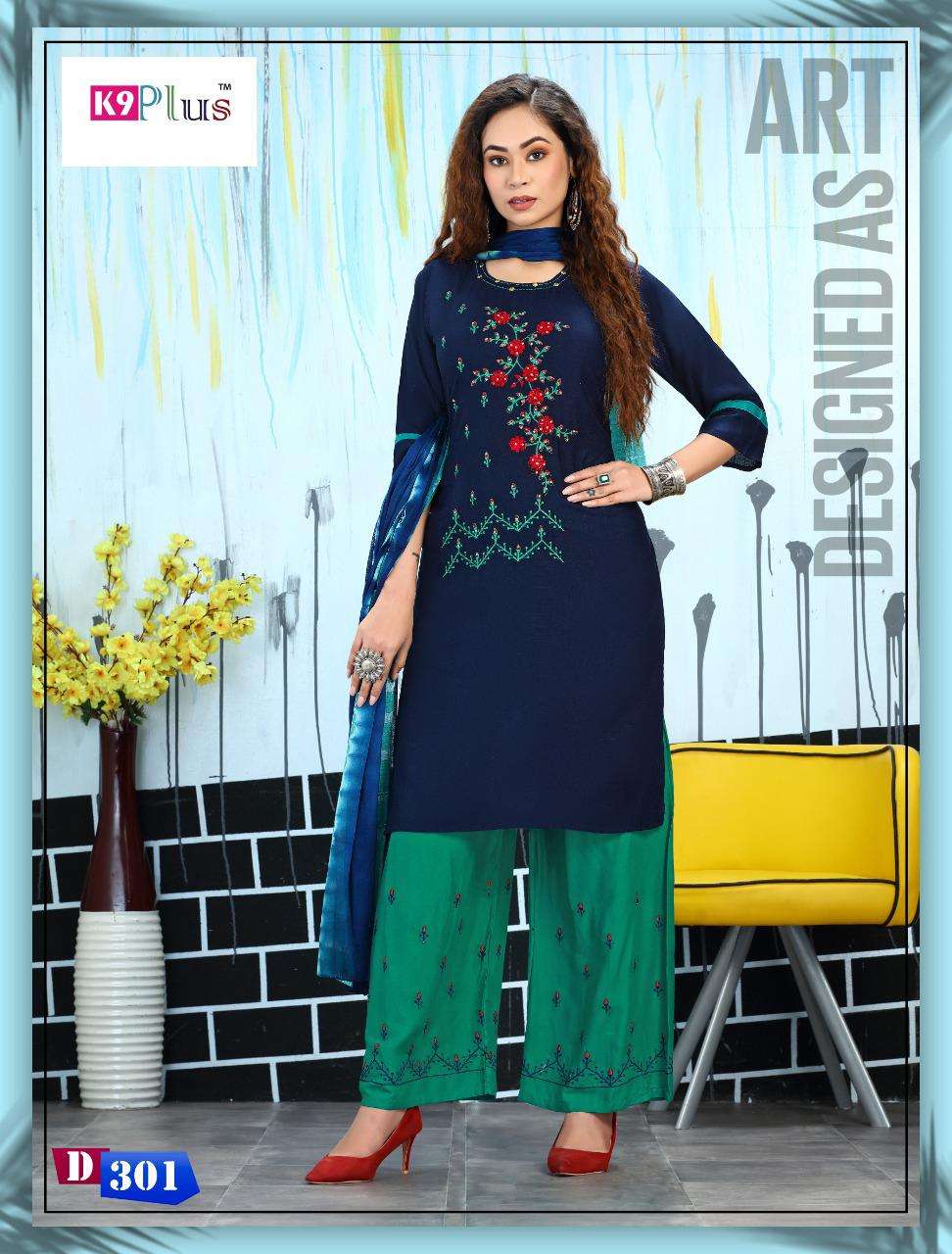 FASHION OF PALAZO BY K9 PLUS 201 TO 308 SERIES BEAUTIFUL SUITS COLORFUL STYLISH FANCY CASUAL WEAR & ETHNIC WEAR RAYON EMBROIDERED DRESSES AT WHOLESALE PRICE