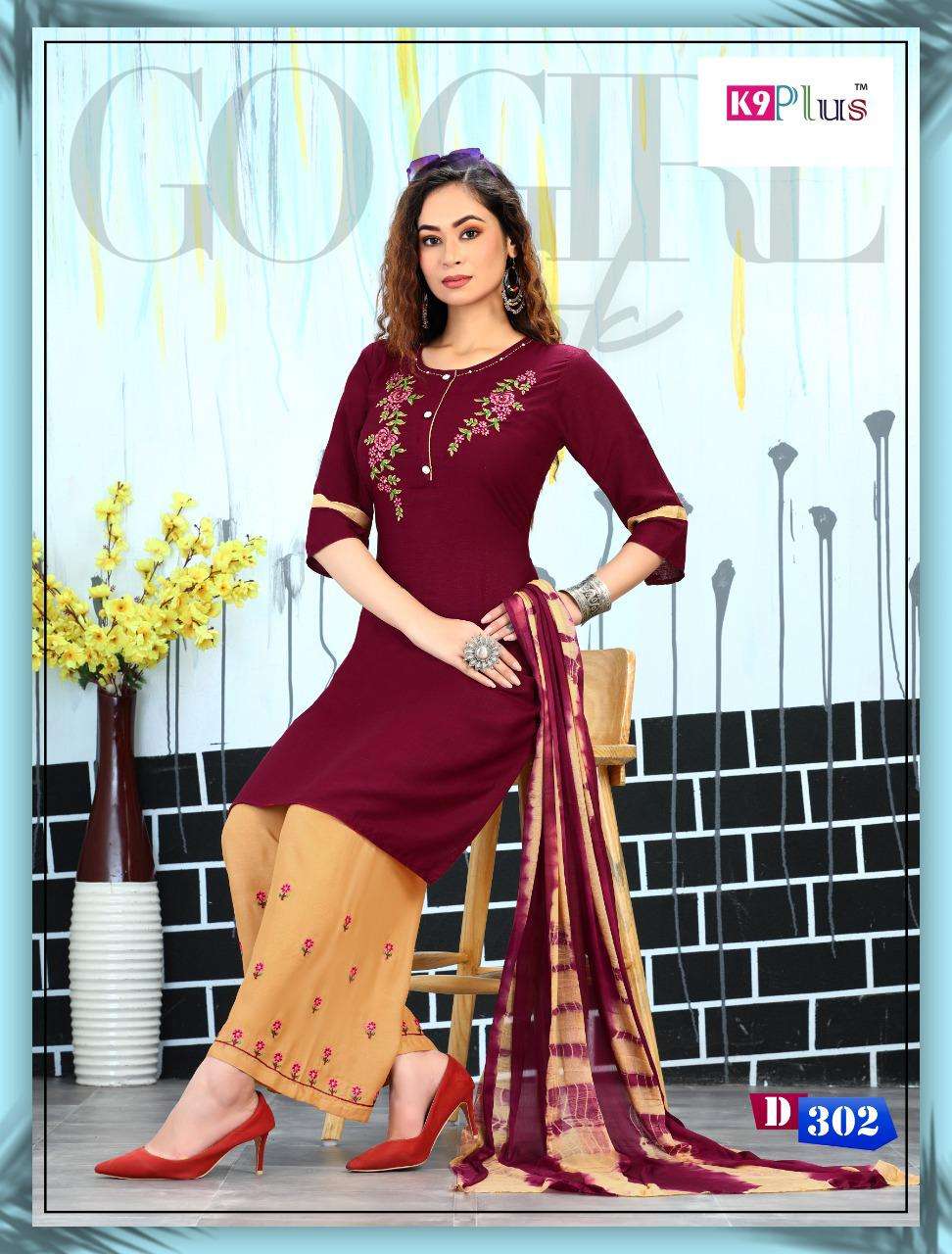 FASHION OF PALAZO BY K9 PLUS 201 TO 308 SERIES BEAUTIFUL SUITS COLORFUL STYLISH FANCY CASUAL WEAR & ETHNIC WEAR RAYON EMBROIDERED DRESSES AT WHOLESALE PRICE