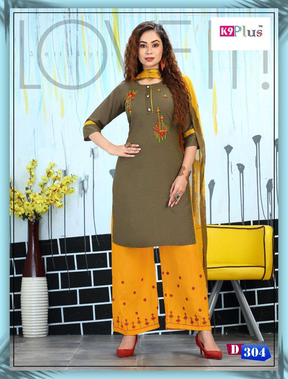 FASHION OF PALAZO BY K9 PLUS 201 TO 308 SERIES BEAUTIFUL SUITS COLORFUL STYLISH FANCY CASUAL WEAR & ETHNIC WEAR RAYON EMBROIDERED DRESSES AT WHOLESALE PRICE