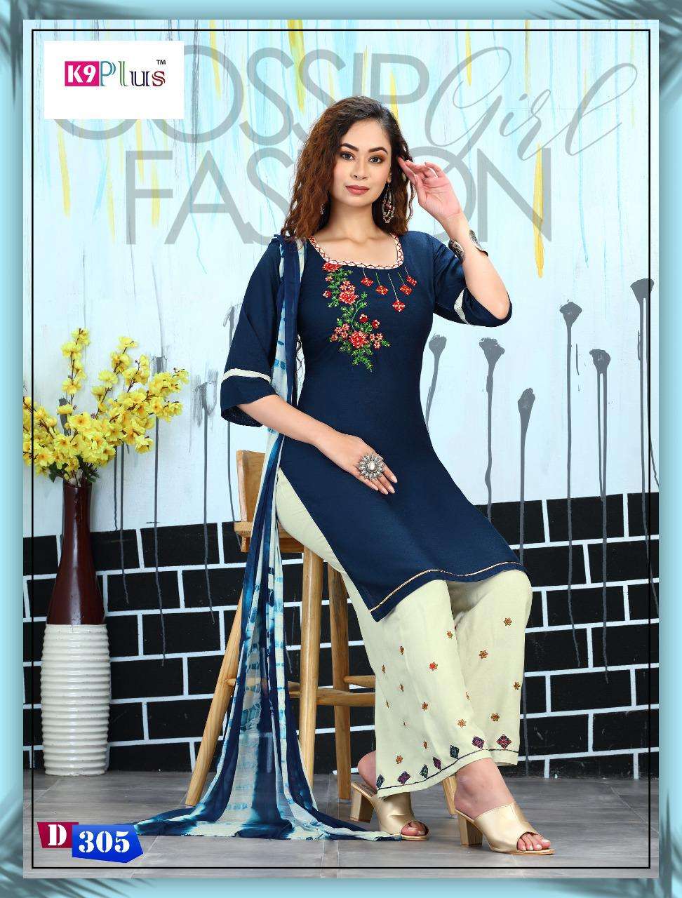 FASHION OF PALAZO BY K9 PLUS 201 TO 308 SERIES BEAUTIFUL SUITS COLORFUL STYLISH FANCY CASUAL WEAR & ETHNIC WEAR RAYON EMBROIDERED DRESSES AT WHOLESALE PRICE