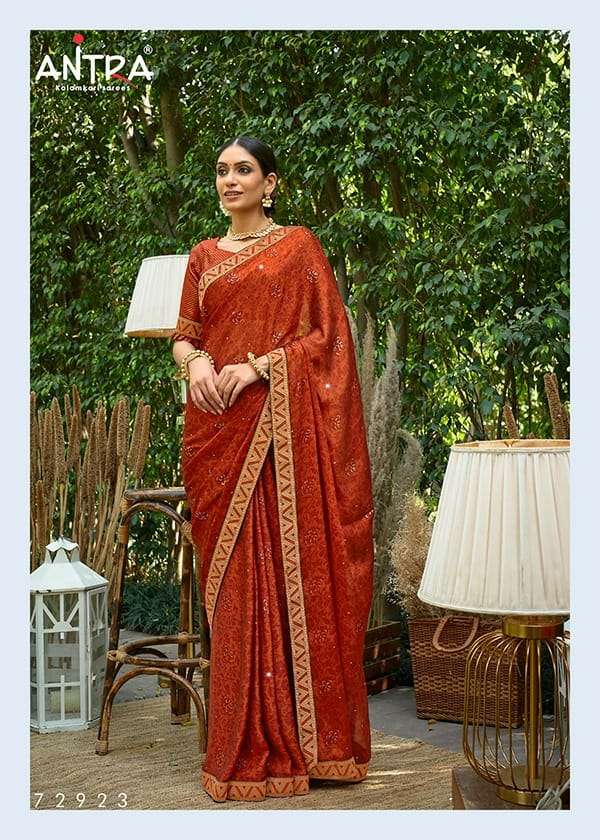 AMRITA BY ANTRA 72921 TO 72930 SERIES INDIAN TRADITIONAL WEAR COLLECTION BEAUTIFUL STYLISH FANCY COLORFUL PARTY WEAR & OCCASIONAL WEAR MOSS FOIL PRINT SAREES AT WHOLESALE PRICE