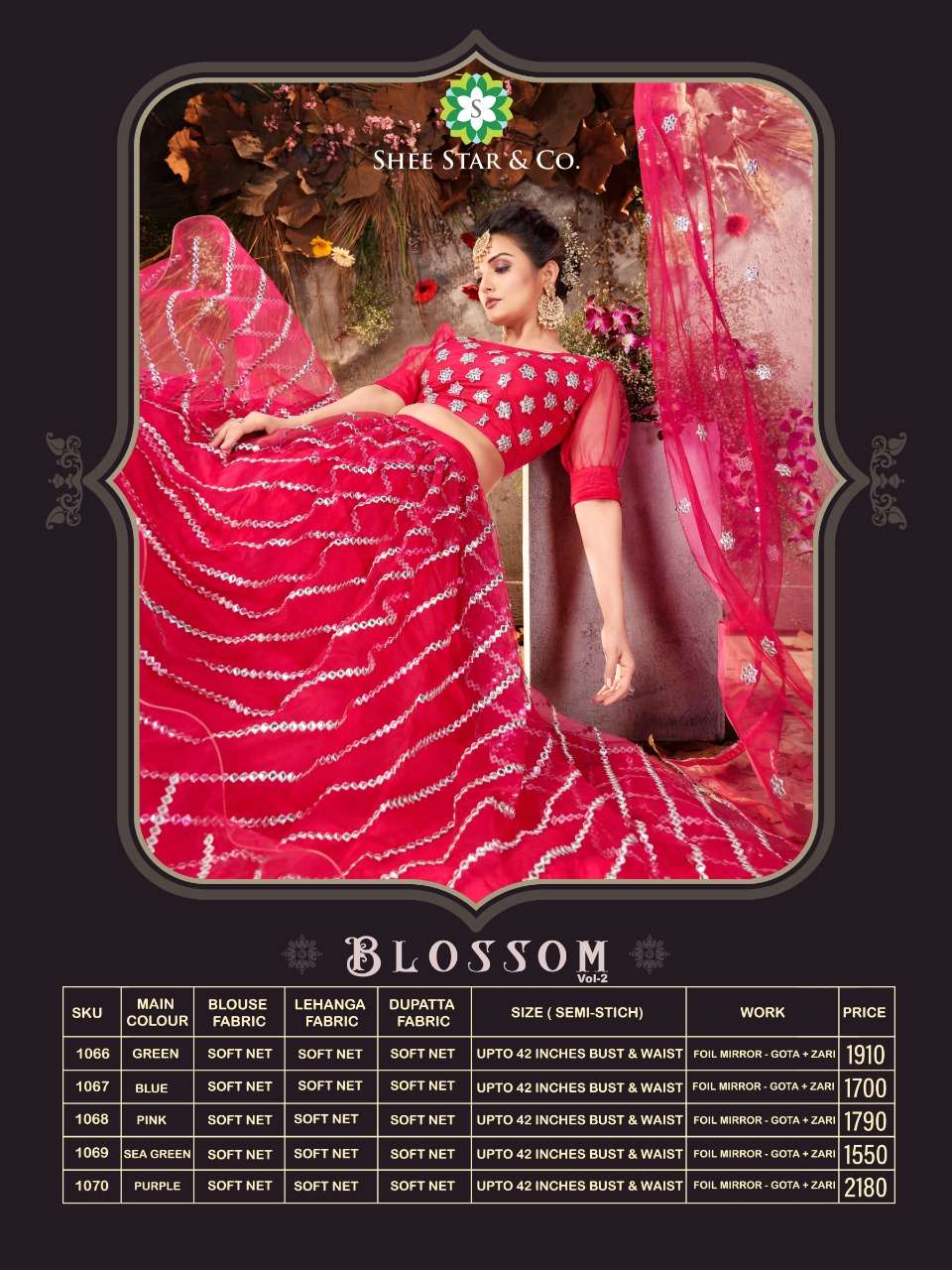 BLOSSOM VOL-2 BY SHEE STAR 1066 TO 1070 SERIES DESIGNER BEAUTIFUL NAVRATRI COLLECTION OCCASIONAL WEAR & PARTY WEAR SOFT NET LEHENGAS AT WHOLESALE PRICE