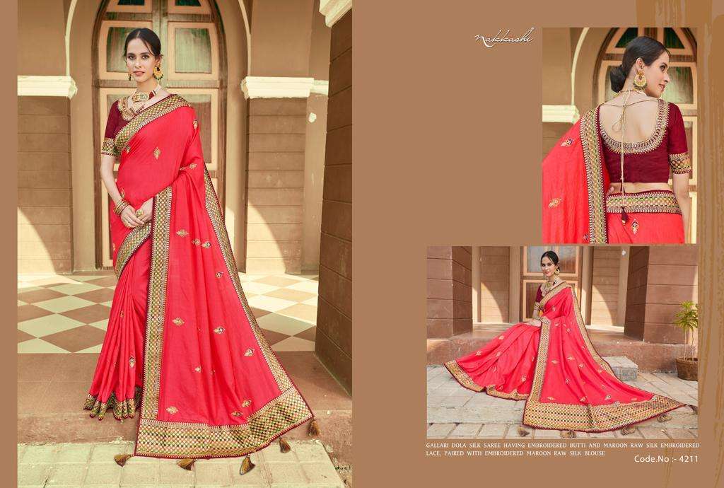 KIMAYA BY NAKKASHI 4208 TO 4216 SERIES INDIAN TRADITIONAL WEAR COLLECTION BEAUTIFUL STYLISH FANCY COLORFUL PARTY WEAR & OCCASIONAL WEAR DOLA SILK SAREES AT WHOLESALE PRICE