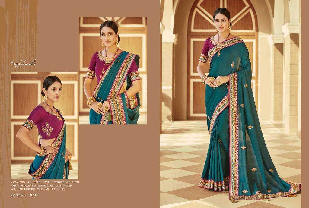 KIMAYA BY NAKKASHI 4208 TO 4216 SERIES INDIAN TRADITIONAL WEAR COLLECTION BEAUTIFUL STYLISH FANCY COLORFUL PARTY WEAR & OCCASIONAL WEAR DOLA SILK SAREES AT WHOLESALE PRICE
