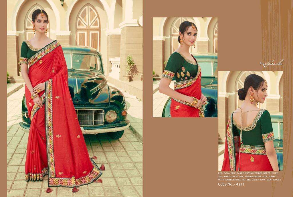 KIMAYA BY NAKKASHI 4208 TO 4216 SERIES INDIAN TRADITIONAL WEAR COLLECTION BEAUTIFUL STYLISH FANCY COLORFUL PARTY WEAR & OCCASIONAL WEAR DOLA SILK SAREES AT WHOLESALE PRICE