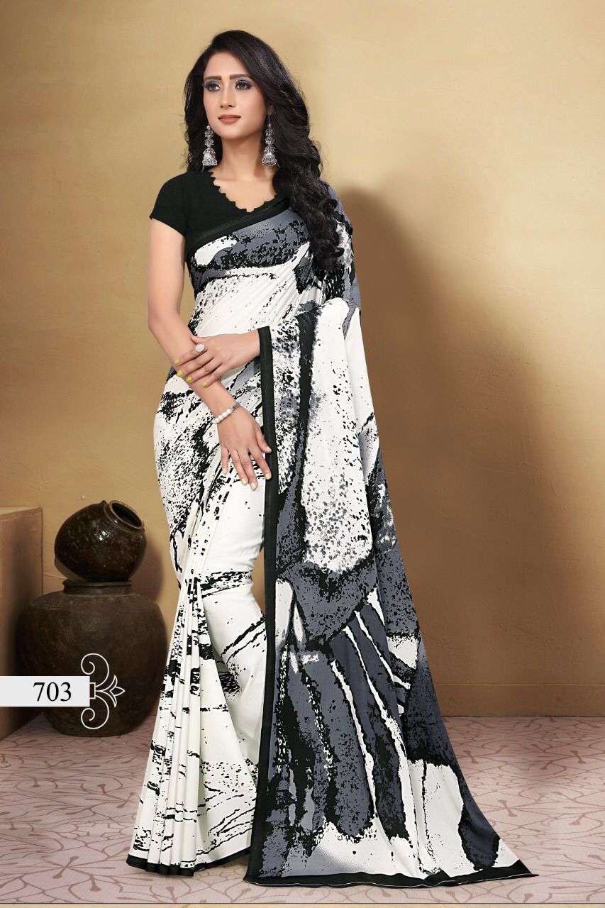 UNIQUE SILK BY VRANDA FASHION 701 TO 706 SERIES INDIAN TRADITIONAL WEAR COLLECTION BEAUTIFUL STYLISH FANCY COLORFUL PARTY WEAR & OCCASIONAL WEAR CREPE SILK SAREES AT WHOLESALE PRICE