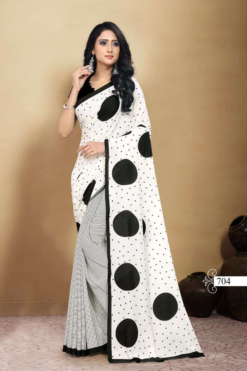 UNIQUE SILK BY VRANDA FASHION 701 TO 706 SERIES INDIAN TRADITIONAL WEAR COLLECTION BEAUTIFUL STYLISH FANCY COLORFUL PARTY WEAR & OCCASIONAL WEAR CREPE SILK SAREES AT WHOLESALE PRICE