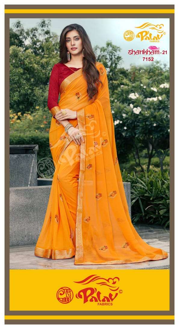 SHANKHAM VOL-21 BY PALAV 7150 TO 7159 SERIES INDIAN TRADITIONAL WEAR COLLECTION BEAUTIFUL STYLISH FANCY COLORFUL PARTY WEAR & OCCASIONAL WEAR GEORGETTE SAREES AT WHOLESALE PRICE