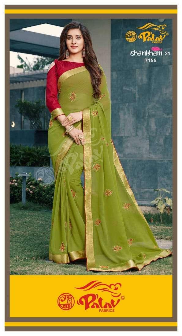 SHANKHAM VOL-21 BY PALAV 7150 TO 7159 SERIES INDIAN TRADITIONAL WEAR COLLECTION BEAUTIFUL STYLISH FANCY COLORFUL PARTY WEAR & OCCASIONAL WEAR GEORGETTE SAREES AT WHOLESALE PRICE