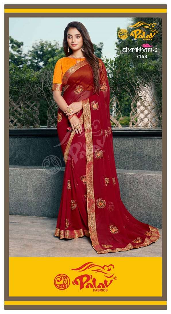 SHANKHAM VOL-21 BY PALAV 7150 TO 7159 SERIES INDIAN TRADITIONAL WEAR COLLECTION BEAUTIFUL STYLISH FANCY COLORFUL PARTY WEAR & OCCASIONAL WEAR GEORGETTE SAREES AT WHOLESALE PRICE