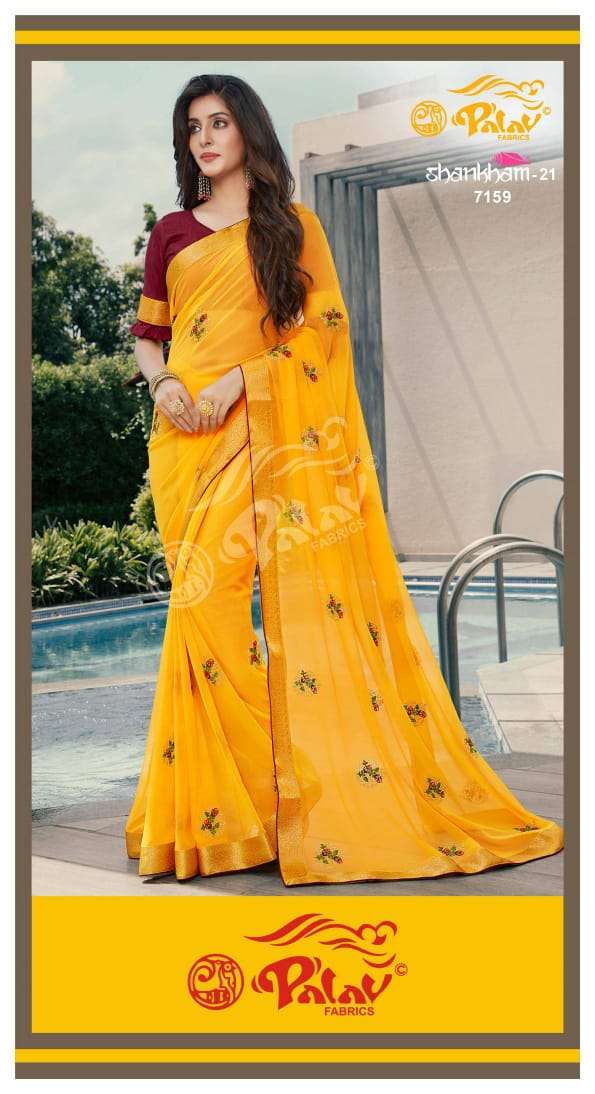 SHANKHAM VOL-21 BY PALAV 7150 TO 7159 SERIES INDIAN TRADITIONAL WEAR COLLECTION BEAUTIFUL STYLISH FANCY COLORFUL PARTY WEAR & OCCASIONAL WEAR GEORGETTE SAREES AT WHOLESALE PRICE