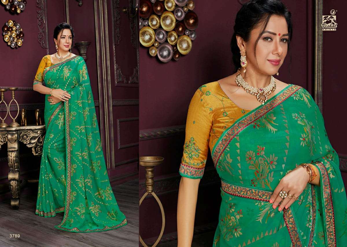 RADHIKA VOL-4 BY VISHAL PRINTS 3789 TO 3800 SERIES INDIAN TRADITIONAL WEAR COLLECTION BEAUTIFUL STYLISH FANCY COLORFUL PARTY WEAR & OCCASIONAL WEAR GEORGETTE/BRASSO SAREES AT WHOLESALE PRICE
