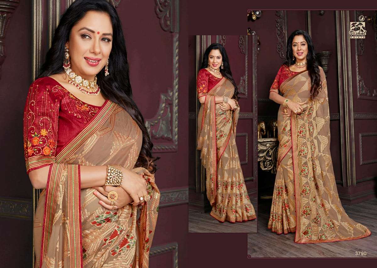 RADHIKA VOL-4 BY VISHAL PRINTS 3789 TO 3800 SERIES INDIAN TRADITIONAL WEAR COLLECTION BEAUTIFUL STYLISH FANCY COLORFUL PARTY WEAR & OCCASIONAL WEAR GEORGETTE/BRASSO SAREES AT WHOLESALE PRICE