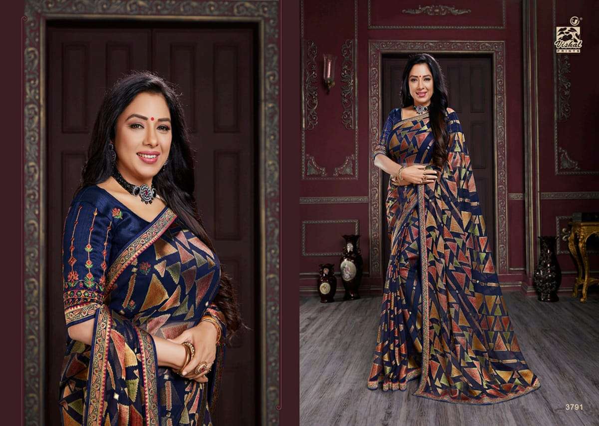 RADHIKA VOL-4 BY VISHAL PRINTS 3789 TO 3800 SERIES INDIAN TRADITIONAL WEAR COLLECTION BEAUTIFUL STYLISH FANCY COLORFUL PARTY WEAR & OCCASIONAL WEAR GEORGETTE/BRASSO SAREES AT WHOLESALE PRICE