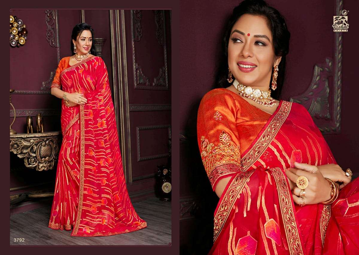 RADHIKA VOL-4 BY VISHAL PRINTS 3789 TO 3800 SERIES INDIAN TRADITIONAL WEAR COLLECTION BEAUTIFUL STYLISH FANCY COLORFUL PARTY WEAR & OCCASIONAL WEAR GEORGETTE/BRASSO SAREES AT WHOLESALE PRICE