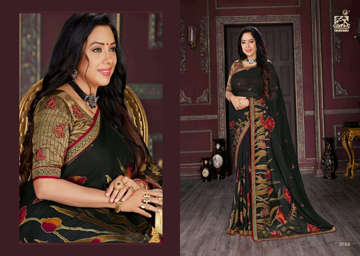 RADHIKA VOL-4 BY VISHAL PRINTS 3789 TO 3800 SERIES INDIAN TRADITIONAL WEAR COLLECTION BEAUTIFUL STYLISH FANCY COLORFUL PARTY WEAR & OCCASIONAL WEAR GEORGETTE/BRASSO SAREES AT WHOLESALE PRICE