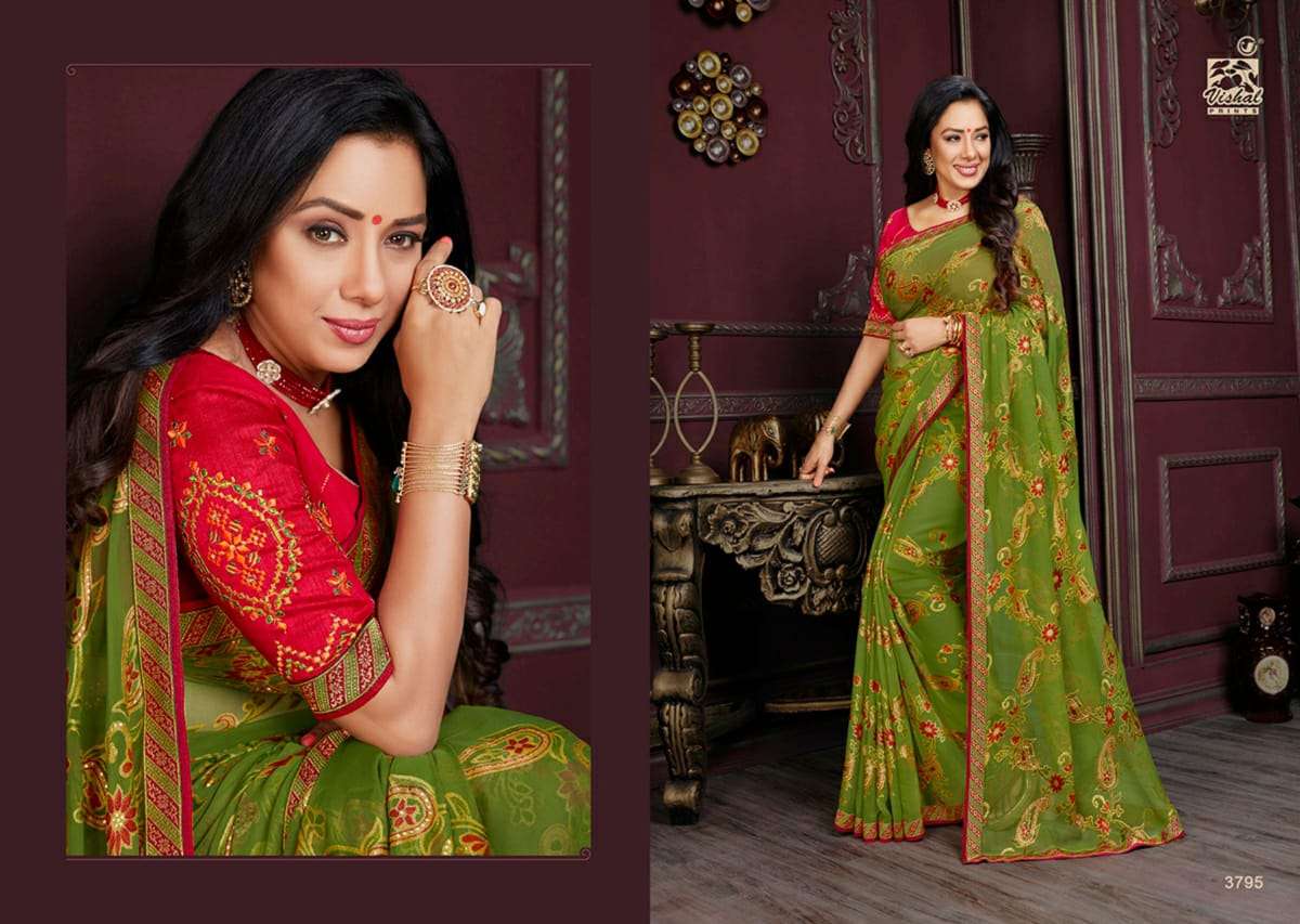 RADHIKA VOL-4 BY VISHAL PRINTS 3789 TO 3800 SERIES INDIAN TRADITIONAL WEAR COLLECTION BEAUTIFUL STYLISH FANCY COLORFUL PARTY WEAR & OCCASIONAL WEAR GEORGETTE/BRASSO SAREES AT WHOLESALE PRICE