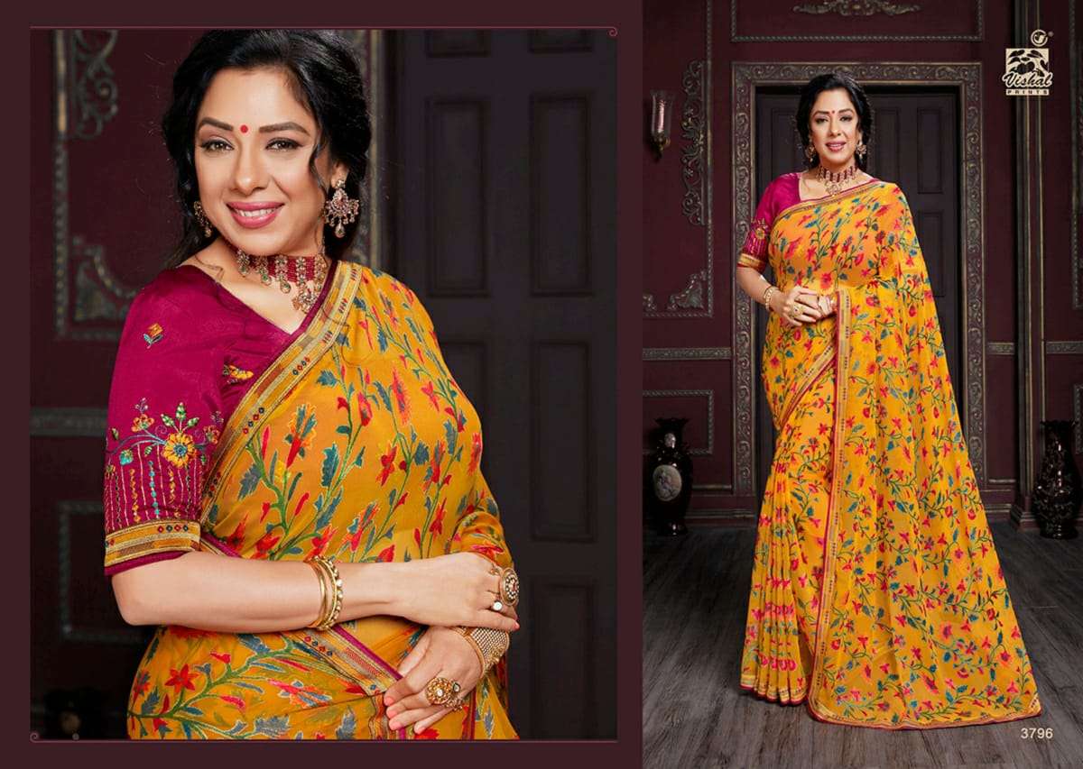RADHIKA VOL-4 BY VISHAL PRINTS 3789 TO 3800 SERIES INDIAN TRADITIONAL WEAR COLLECTION BEAUTIFUL STYLISH FANCY COLORFUL PARTY WEAR & OCCASIONAL WEAR GEORGETTE/BRASSO SAREES AT WHOLESALE PRICE