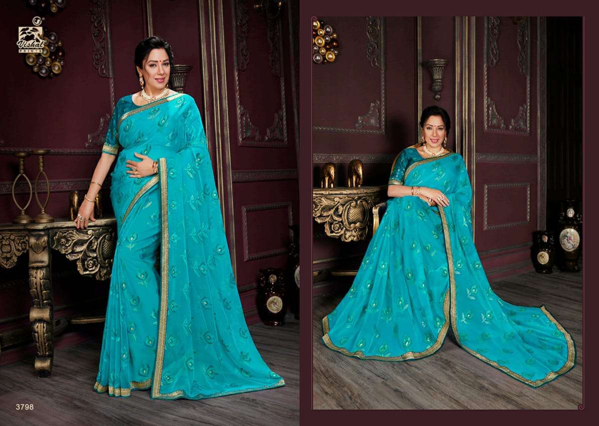 RADHIKA VOL-4 BY VISHAL PRINTS 3789 TO 3800 SERIES INDIAN TRADITIONAL WEAR COLLECTION BEAUTIFUL STYLISH FANCY COLORFUL PARTY WEAR & OCCASIONAL WEAR GEORGETTE/BRASSO SAREES AT WHOLESALE PRICE
