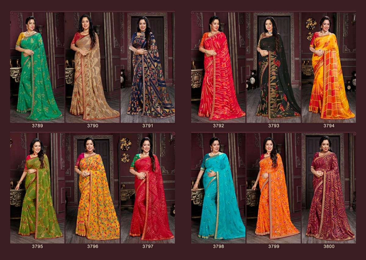 RADHIKA VOL-4 BY VISHAL PRINTS 3789 TO 3800 SERIES INDIAN TRADITIONAL WEAR COLLECTION BEAUTIFUL STYLISH FANCY COLORFUL PARTY WEAR & OCCASIONAL WEAR GEORGETTE/BRASSO SAREES AT WHOLESALE PRICE