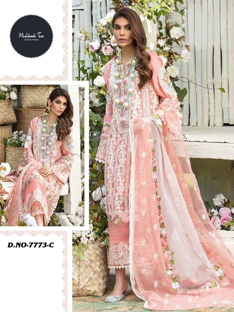 MEHBOOB 7773 COLOURS BY MEHBOOB TEX 7773-A TO 7773-E SERIES PAKISTANI STYLISH BEAUTIFUL COLOURFUL PRINTED & EMBROIDERED PARTY WEAR & OCCASIONAL WEAR CAMBRIC LAWN EMBROIDERED DRESSES AT WHOLESALE PRICE