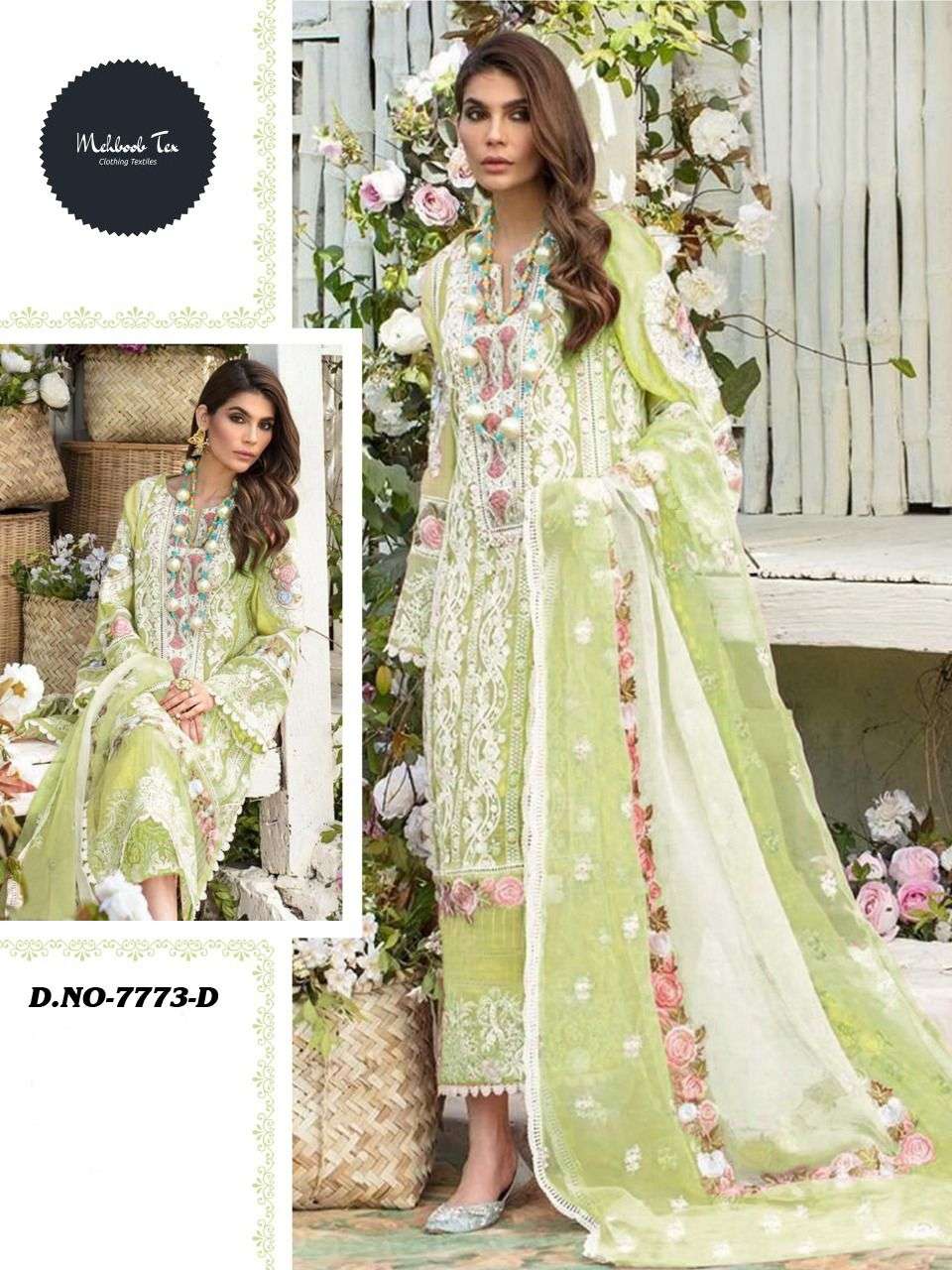 MEHBOOB 7773 COLOURS BY MEHBOOB TEX 7773-A TO 7773-E SERIES PAKISTANI STYLISH BEAUTIFUL COLOURFUL PRINTED & EMBROIDERED PARTY WEAR & OCCASIONAL WEAR CAMBRIC LAWN EMBROIDERED DRESSES AT WHOLESALE PRICE