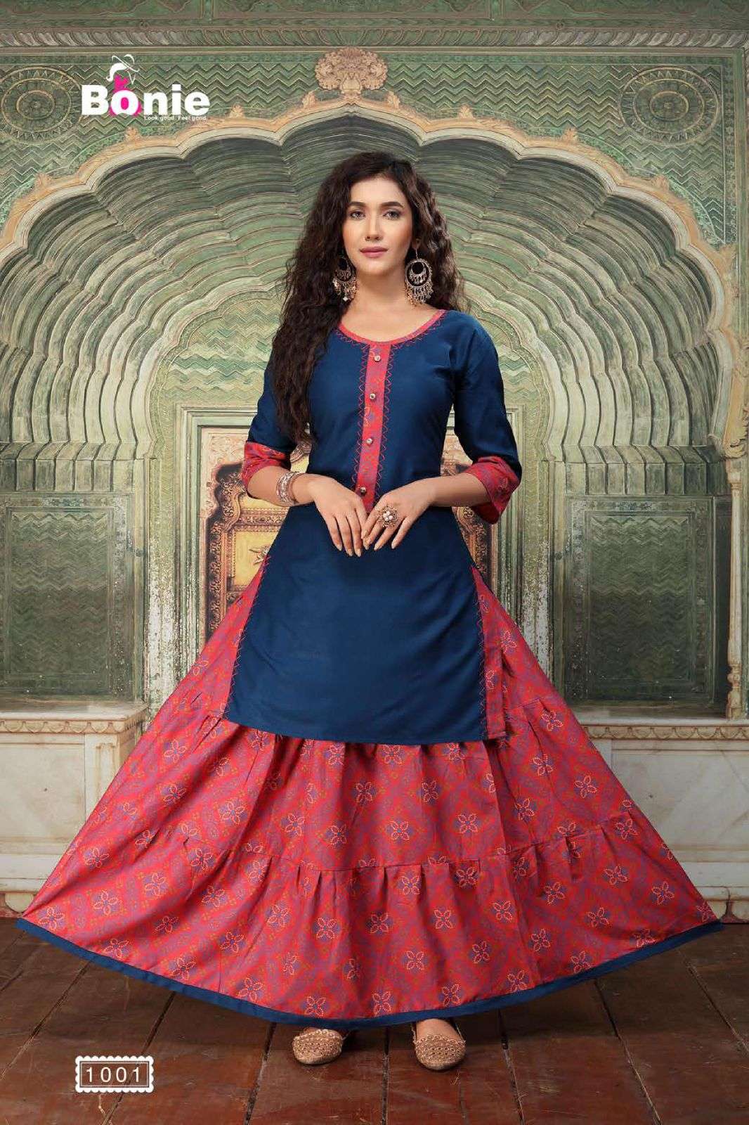 KAJARI BY BONIE 1001 TO 1006 SERIES DESIGNER STYLISH FANCY COLORFUL BEAUTIFUL PARTY WEAR & ETHNIC WEAR COLLECTION RAYON WITH WORK KURTIS WITH SKIRT AT WHOLESALE PRICE
