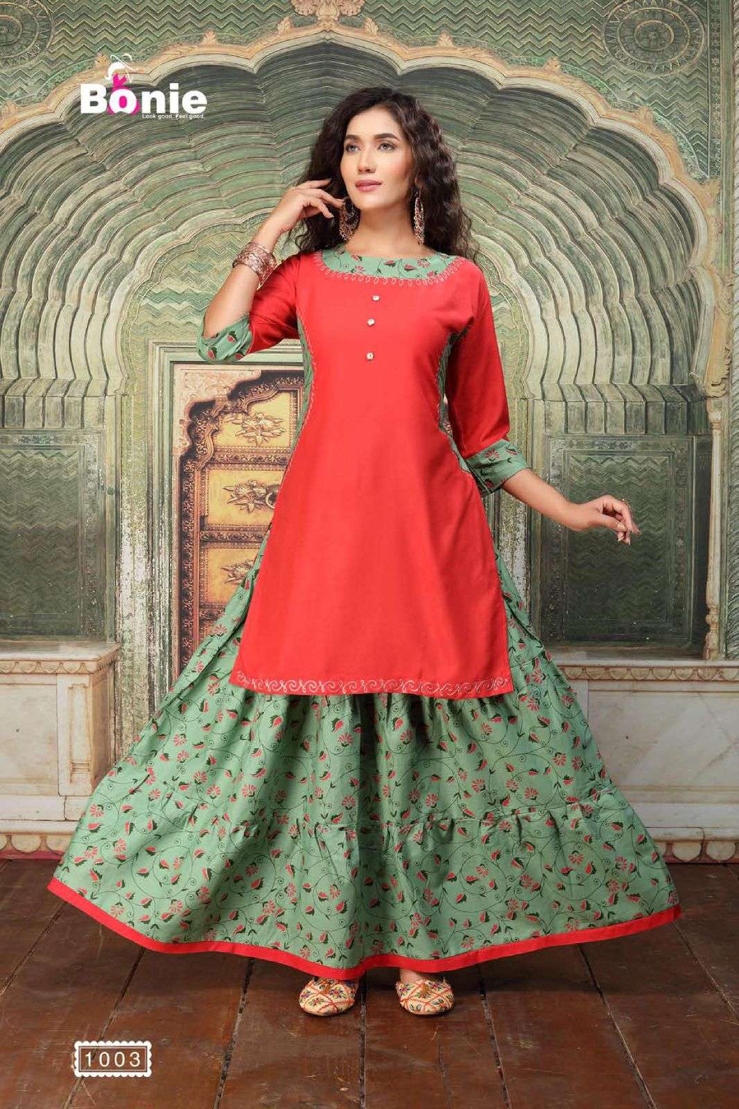 KAJARI BY BONIE 1001 TO 1006 SERIES DESIGNER STYLISH FANCY COLORFUL BEAUTIFUL PARTY WEAR & ETHNIC WEAR COLLECTION RAYON WITH WORK KURTIS WITH SKIRT AT WHOLESALE PRICE