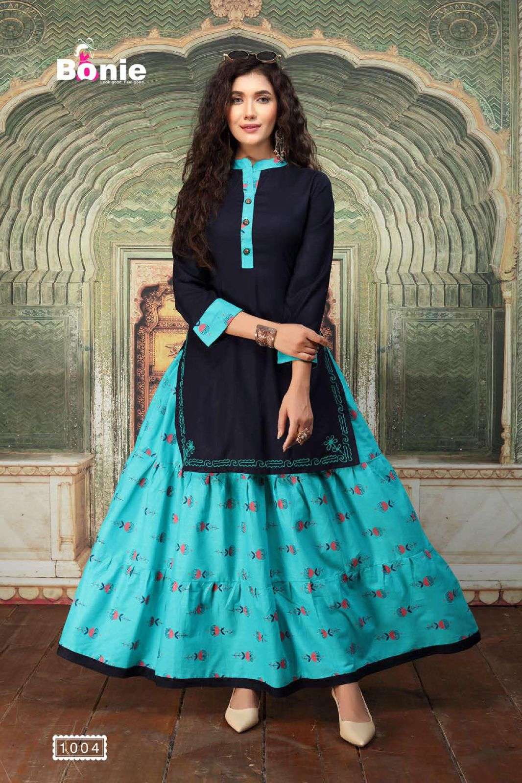 KAJARI BY BONIE 1001 TO 1006 SERIES DESIGNER STYLISH FANCY COLORFUL BEAUTIFUL PARTY WEAR & ETHNIC WEAR COLLECTION RAYON WITH WORK KURTIS WITH SKIRT AT WHOLESALE PRICE