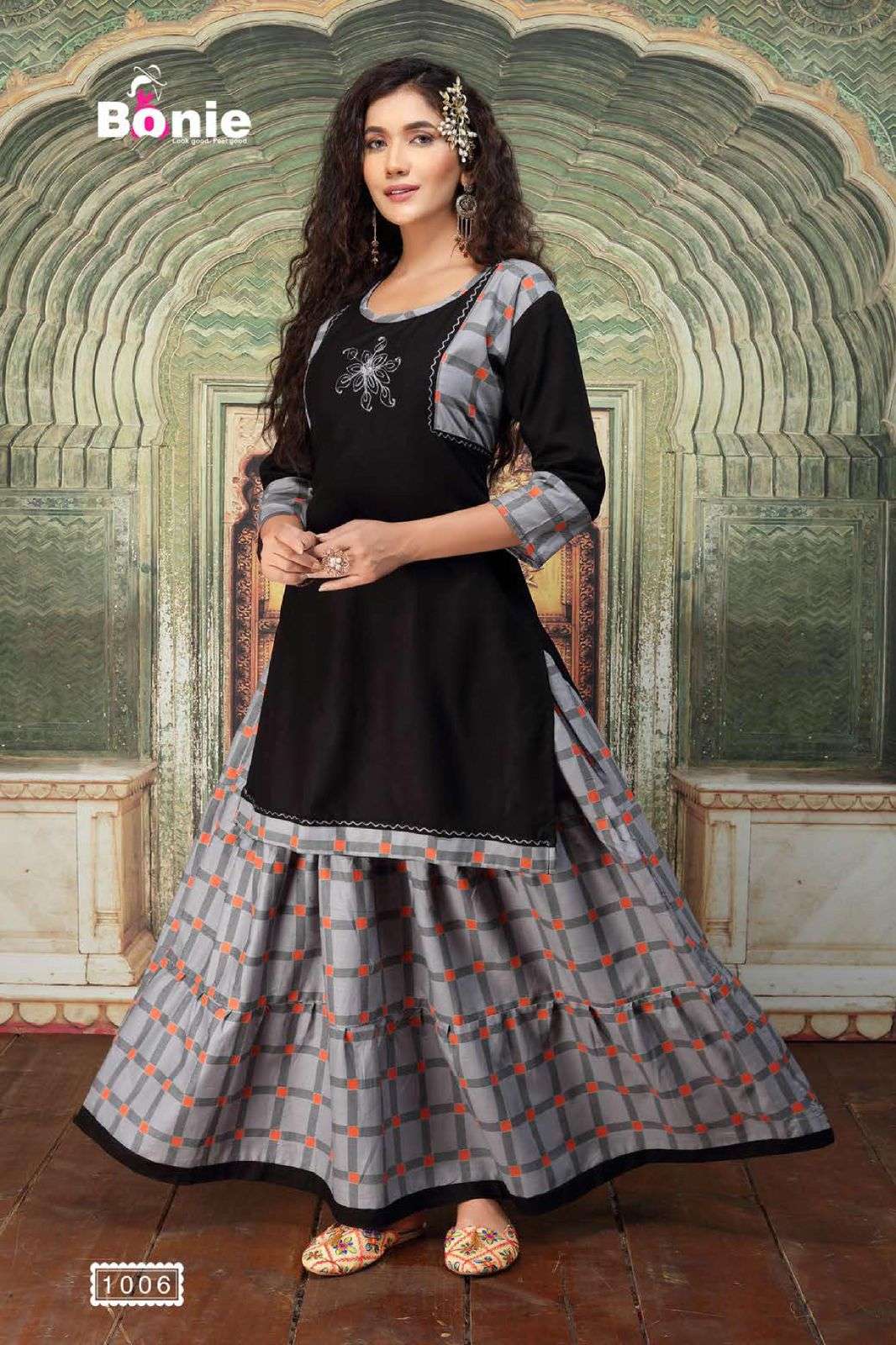 KAJARI BY BONIE 1001 TO 1006 SERIES DESIGNER STYLISH FANCY COLORFUL BEAUTIFUL PARTY WEAR & ETHNIC WEAR COLLECTION RAYON WITH WORK KURTIS WITH SKIRT AT WHOLESALE PRICE