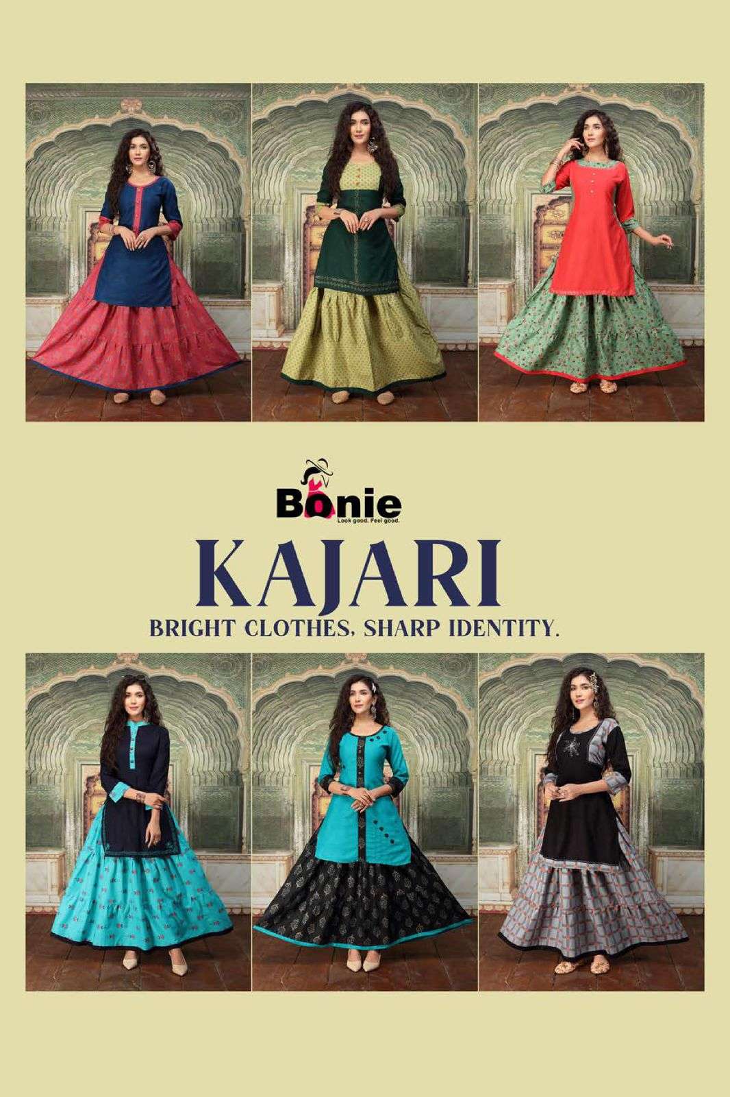 KAJARI BY BONIE 1001 TO 1006 SERIES DESIGNER STYLISH FANCY COLORFUL BEAUTIFUL PARTY WEAR & ETHNIC WEAR COLLECTION RAYON WITH WORK KURTIS WITH SKIRT AT WHOLESALE PRICE