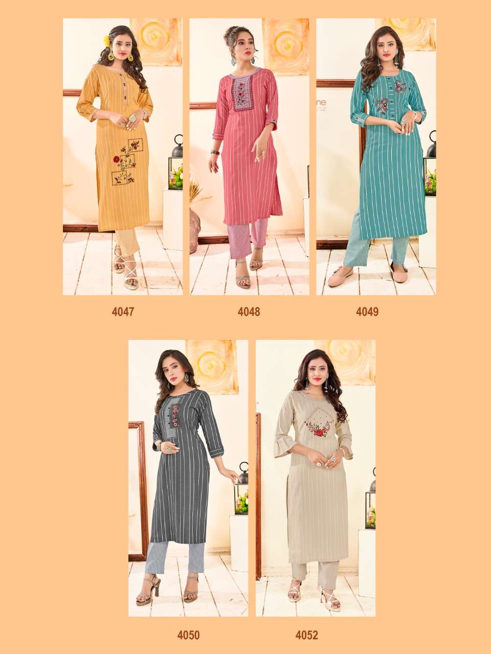 ROOHI BY KARAN IMPEX 4047 TO 4051 SERIES DESIGNER STYLISH FANCY COLORFUL BEAUTIFUL PARTY WEAR & ETHNIC WEAR COLLECTION HEAVY COTTON EMBROIDERY KURTIS WITH BOTTOM AT WHOLESALE PRICE