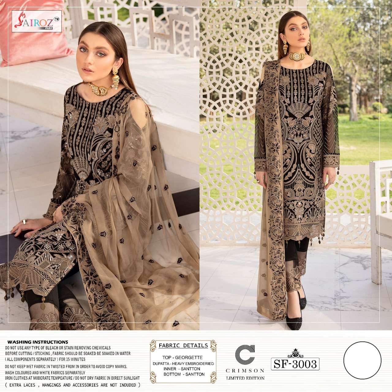 CRIMSON BY SAIROZ FABS 3001 TO 3005 SERIES DESIGNER PAKISTANI SUITS BEAUTIFUL STYLISH FANCY COLORFUL PARTY WEAR & OCCASIONAL WEAR HEAVY GEORGETTE EMBROIDERED DRESSES AT WHOLESALE PRICE