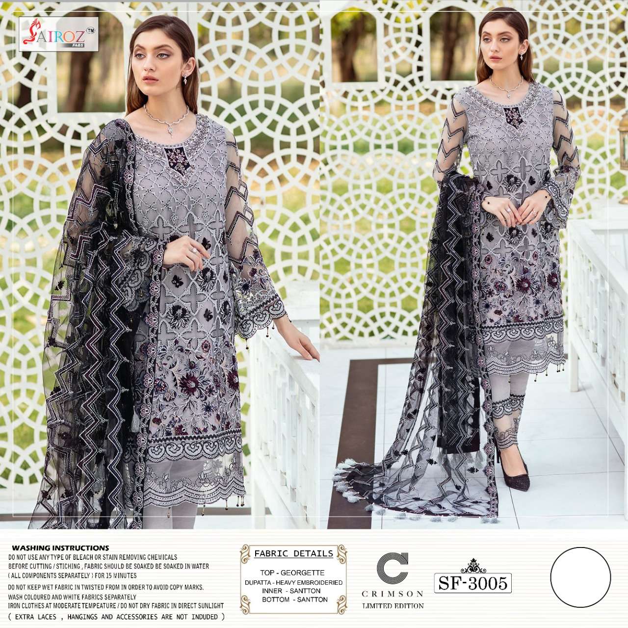 CRIMSON BY SAIROZ FABS 3001 TO 3005 SERIES DESIGNER PAKISTANI SUITS BEAUTIFUL STYLISH FANCY COLORFUL PARTY WEAR & OCCASIONAL WEAR HEAVY GEORGETTE EMBROIDERED DRESSES AT WHOLESALE PRICE