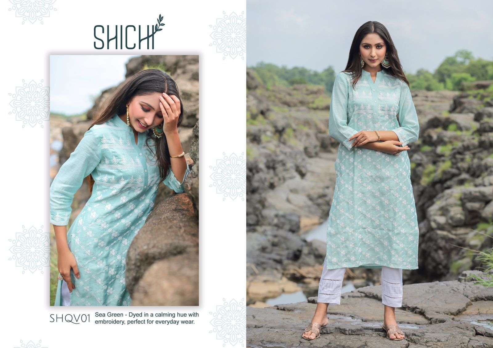 QURBAT BY SHICHI 01 TO 06 SERIES DESIGNER STYLISH FANCY COLORFUL BEAUTIFUL PARTY WEAR & ETHNIC WEAR COLLECTION LINEN SILK EMBROIDERY KURTIS WITH BOTTOM AT WHOLESALE PRICE