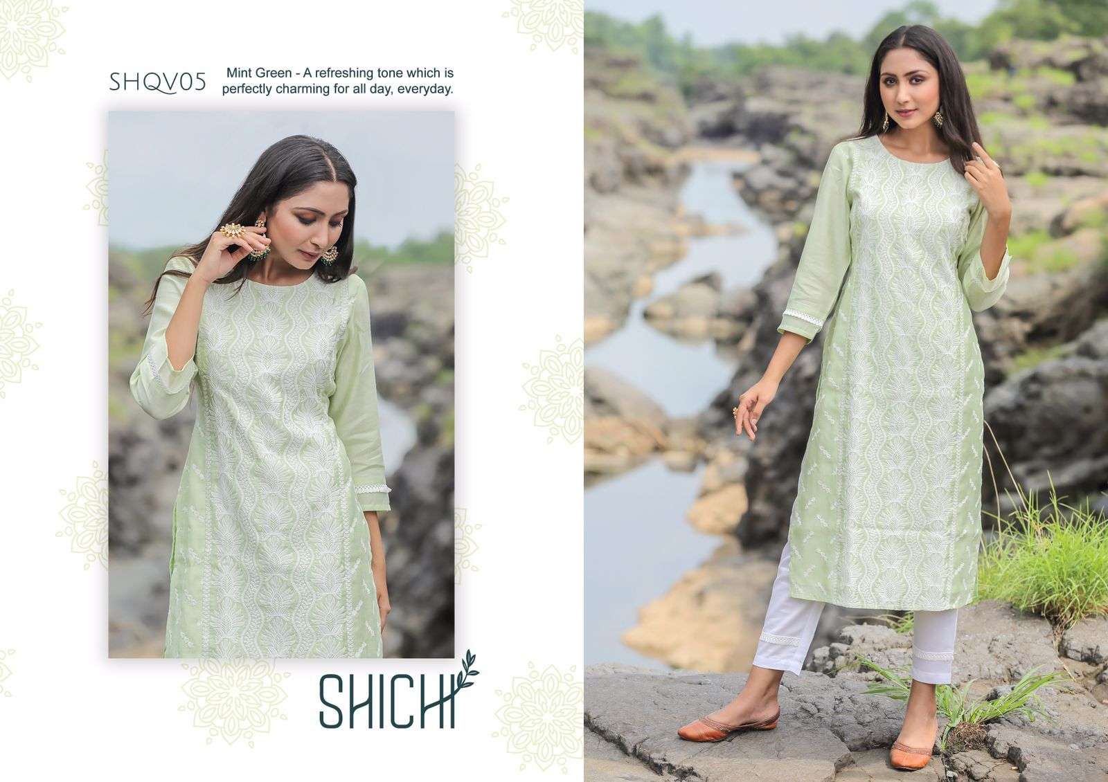 QURBAT BY SHICHI 01 TO 06 SERIES DESIGNER STYLISH FANCY COLORFUL BEAUTIFUL PARTY WEAR & ETHNIC WEAR COLLECTION LINEN SILK EMBROIDERY KURTIS WITH BOTTOM AT WHOLESALE PRICE