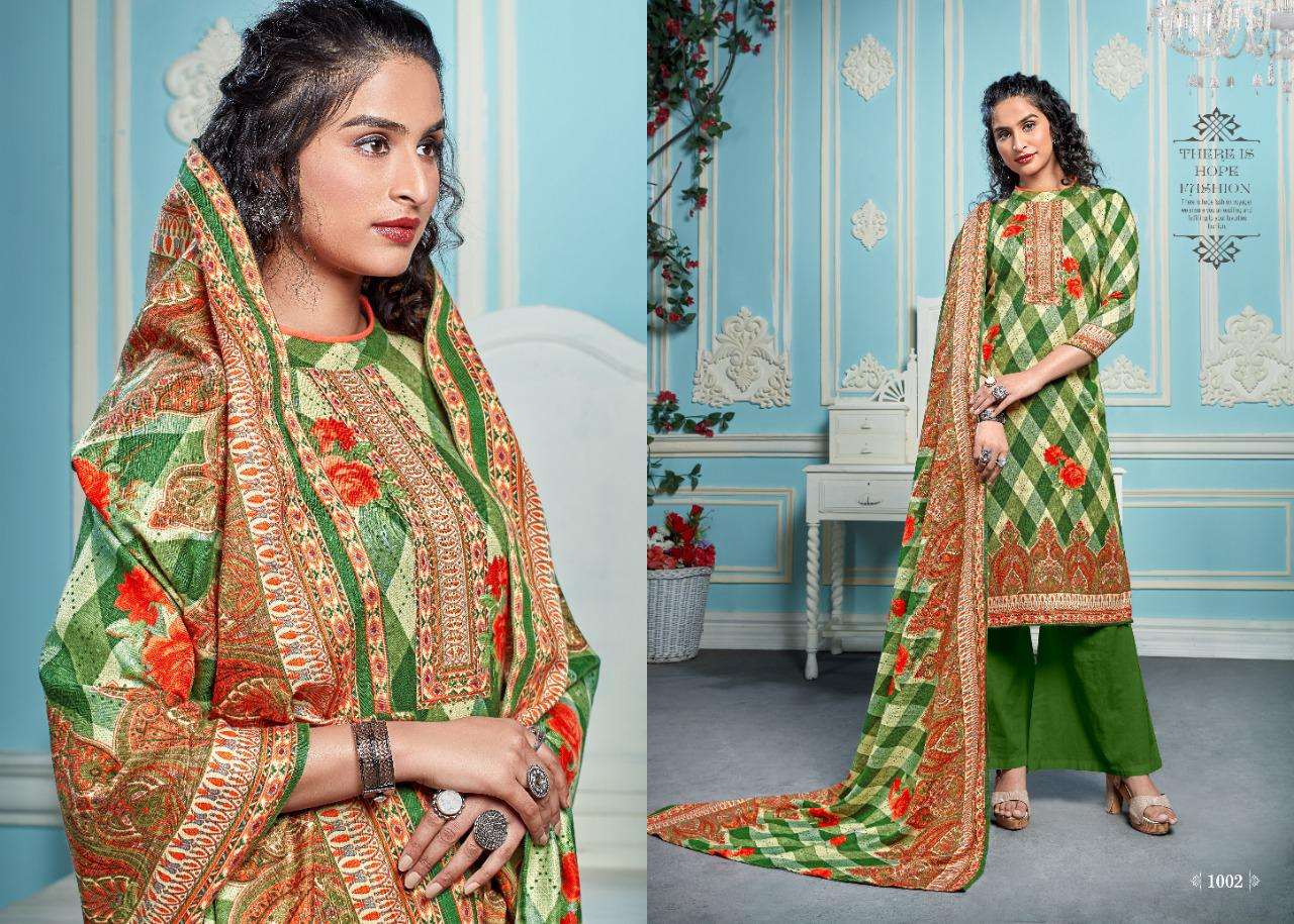 QUEEN BY KESARIYA 1001 TO 1008 SERIES BEAUTIFUL STYLISH SHARARA SUITS FANCY COLORFUL CASUAL WEAR & ETHNIC WEAR & READY TO WEAR PASHMINA JACQUARD PRINTED DRESSES AT WHOLESALE PRICE