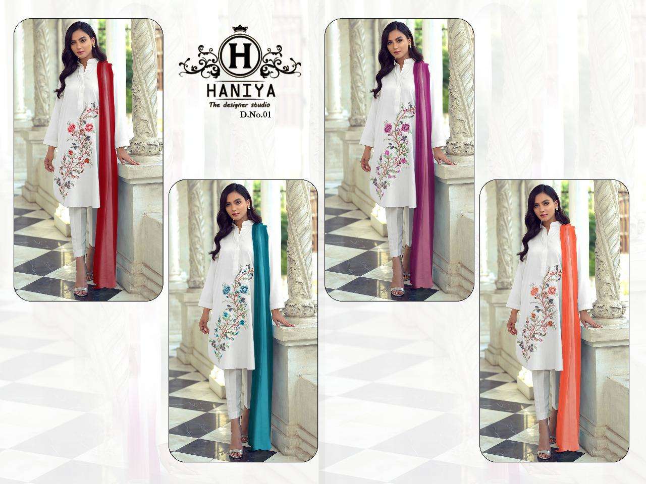 HANIYA 01 COLOURS BY HANIYA 01-A TO 01-D SERIES BEAUTIFUL PAKISTANI SUITS STYLISH FANCY COLORFUL PARTY WEAR & OCCASIONAL WEAR PURE COTTON SATIN DRESSES AT WHOLESALE PRICE