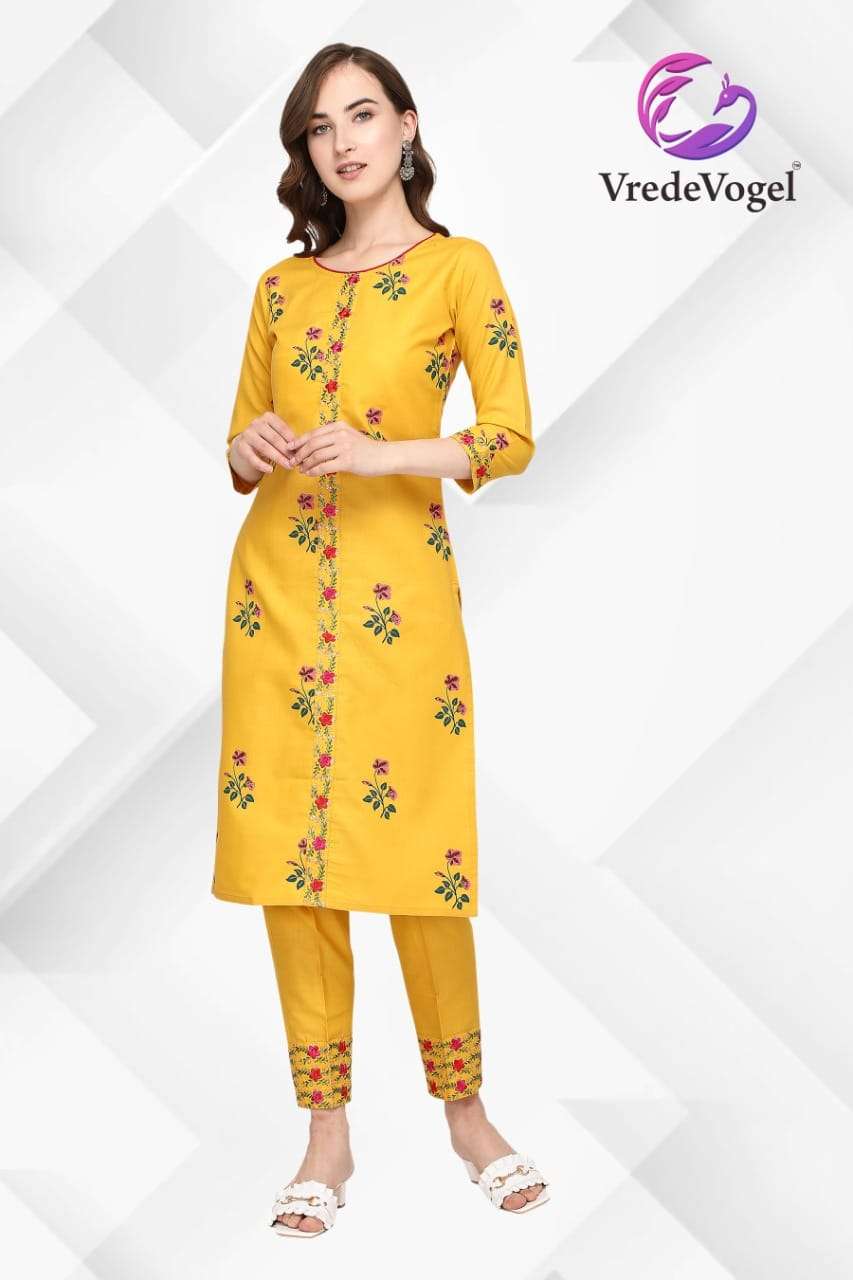 FABULOUS BY VREDE VOGEL 01 TO 10 SERIES DESIGNER STYLISH FANCY COLORFUL BEAUTIFUL PARTY WEAR & ETHNIC WEAR COLLECTION COTTON EMBROIDERY KURTIS WITH BOTTOM AT WHOLESALE PRICE