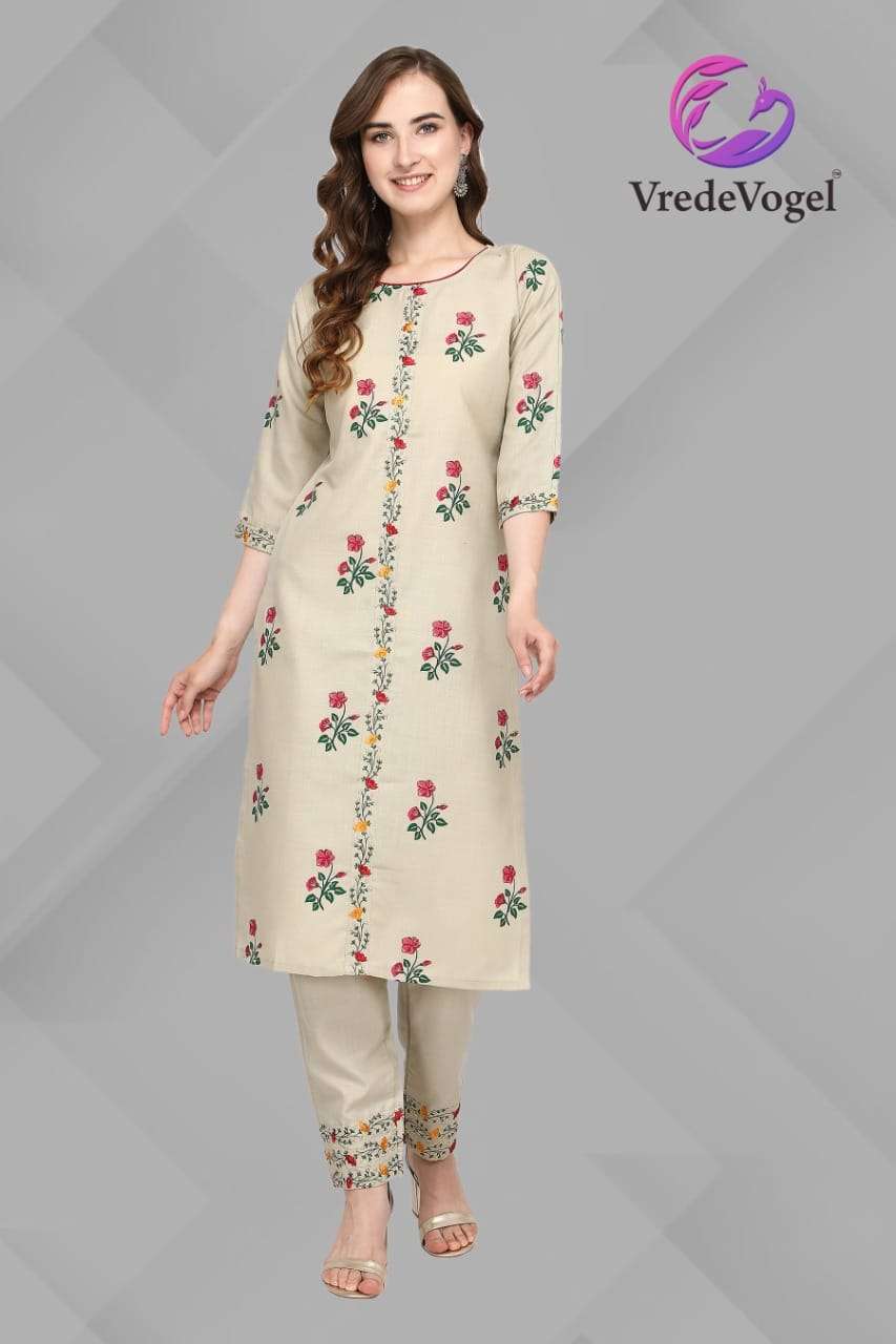 FABULOUS BY VREDE VOGEL 01 TO 10 SERIES DESIGNER STYLISH FANCY COLORFUL BEAUTIFUL PARTY WEAR & ETHNIC WEAR COLLECTION COTTON EMBROIDERY KURTIS WITH BOTTOM AT WHOLESALE PRICE