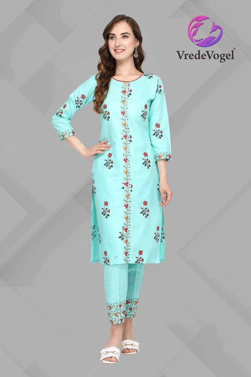 FABULOUS BY VREDE VOGEL 01 TO 10 SERIES DESIGNER STYLISH FANCY COLORFUL BEAUTIFUL PARTY WEAR & ETHNIC WEAR COLLECTION COTTON EMBROIDERY KURTIS WITH BOTTOM AT WHOLESALE PRICE