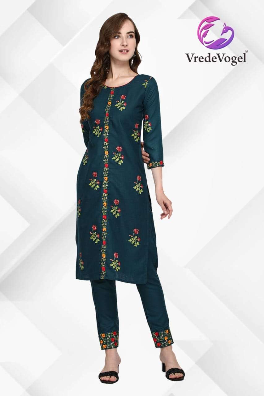 FABULOUS BY VREDE VOGEL 01 TO 10 SERIES DESIGNER STYLISH FANCY COLORFUL BEAUTIFUL PARTY WEAR & ETHNIC WEAR COLLECTION COTTON EMBROIDERY KURTIS WITH BOTTOM AT WHOLESALE PRICE