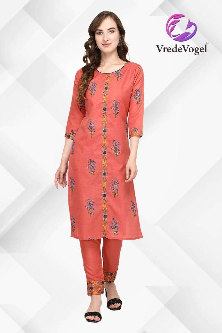 FABULOUS BY VREDE VOGEL 01 TO 10 SERIES DESIGNER STYLISH FANCY COLORFUL BEAUTIFUL PARTY WEAR & ETHNIC WEAR COLLECTION COTTON EMBROIDERY KURTIS WITH BOTTOM AT WHOLESALE PRICE
