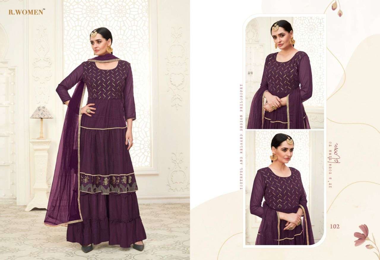 MOON FLOWER BY RANI TRENDZ 101 TO 104 SERIES BEAUTIFUL STYLISH SHARARA SUITS FANCY COLORFUL CASUAL WEAR & ETHNIC WEAR & READY TO WEAR GEORGETTE/BUTTERFLY NET DRESSES AT WHOLESALE PRICE