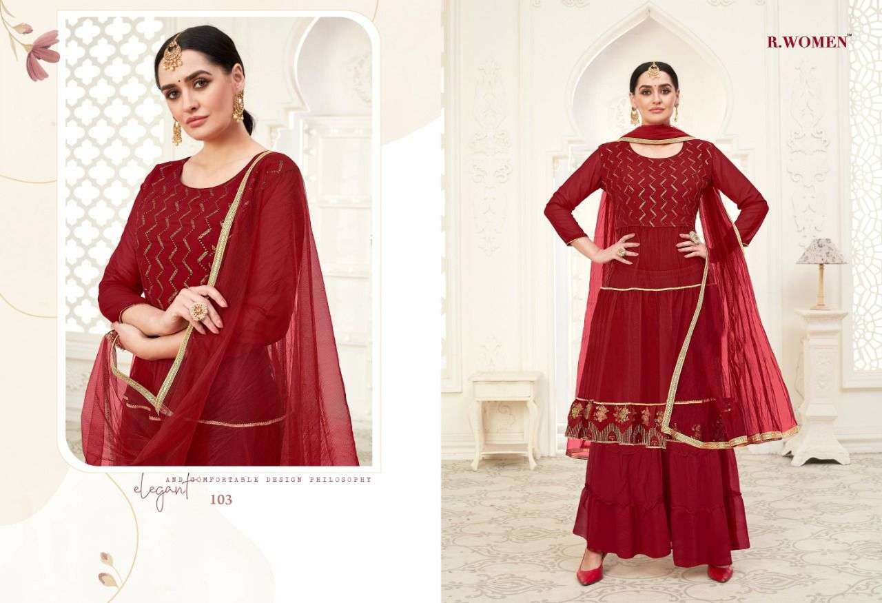 MOON FLOWER BY RANI TRENDZ 101 TO 104 SERIES BEAUTIFUL STYLISH SHARARA SUITS FANCY COLORFUL CASUAL WEAR & ETHNIC WEAR & READY TO WEAR GEORGETTE/BUTTERFLY NET DRESSES AT WHOLESALE PRICE