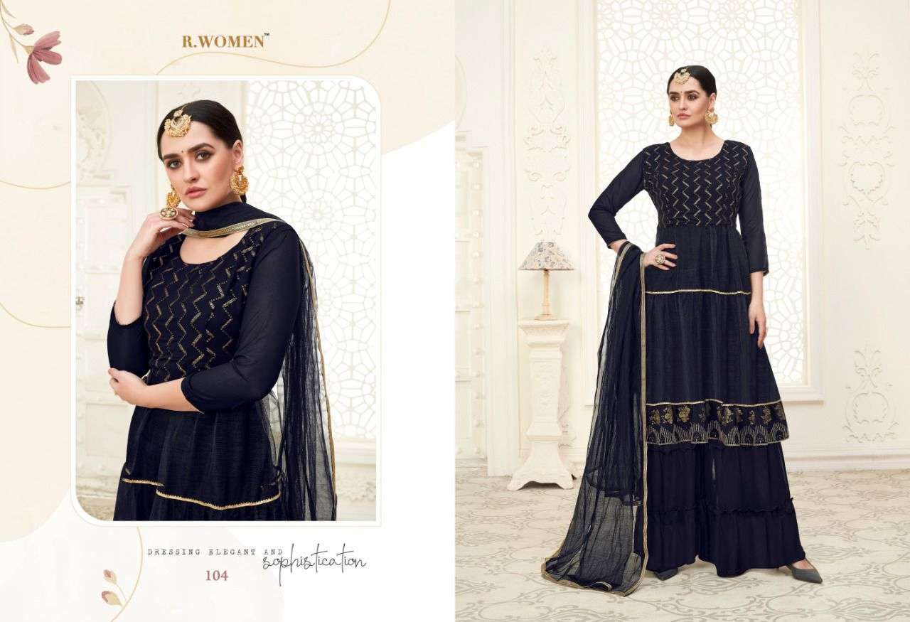 MOON FLOWER BY RANI TRENDZ 101 TO 104 SERIES BEAUTIFUL STYLISH SHARARA SUITS FANCY COLORFUL CASUAL WEAR & ETHNIC WEAR & READY TO WEAR GEORGETTE/BUTTERFLY NET DRESSES AT WHOLESALE PRICE