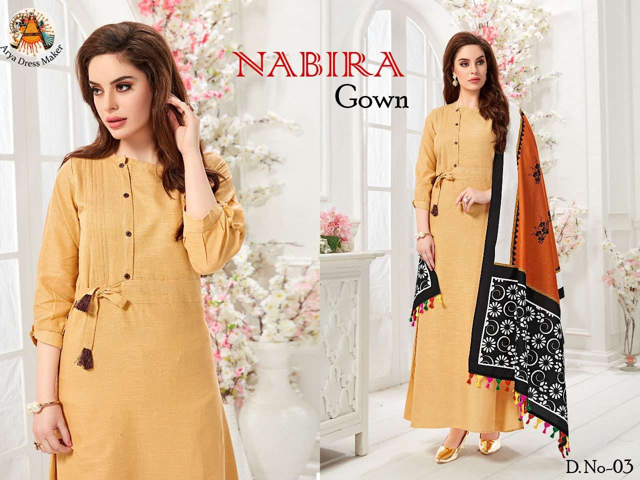 NABIRA BY ARYA DRESS MAKER 01 TO 06 SERIES BEAUTIFUL STYLISH FANCY COLORFUL CASUAL WEAR & ETHNIC WEAR SLUB COTTON GOWNS WITH DUPATTA AT WHOLESALE PRICE